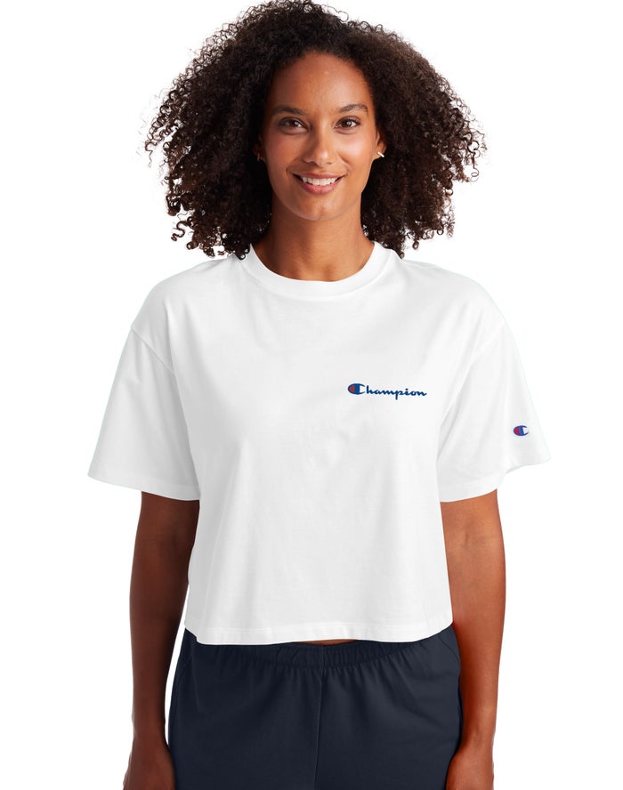 Champion Womens T-Shirt NZ - Cropped Script Logo White ( 8961-MXOZE )